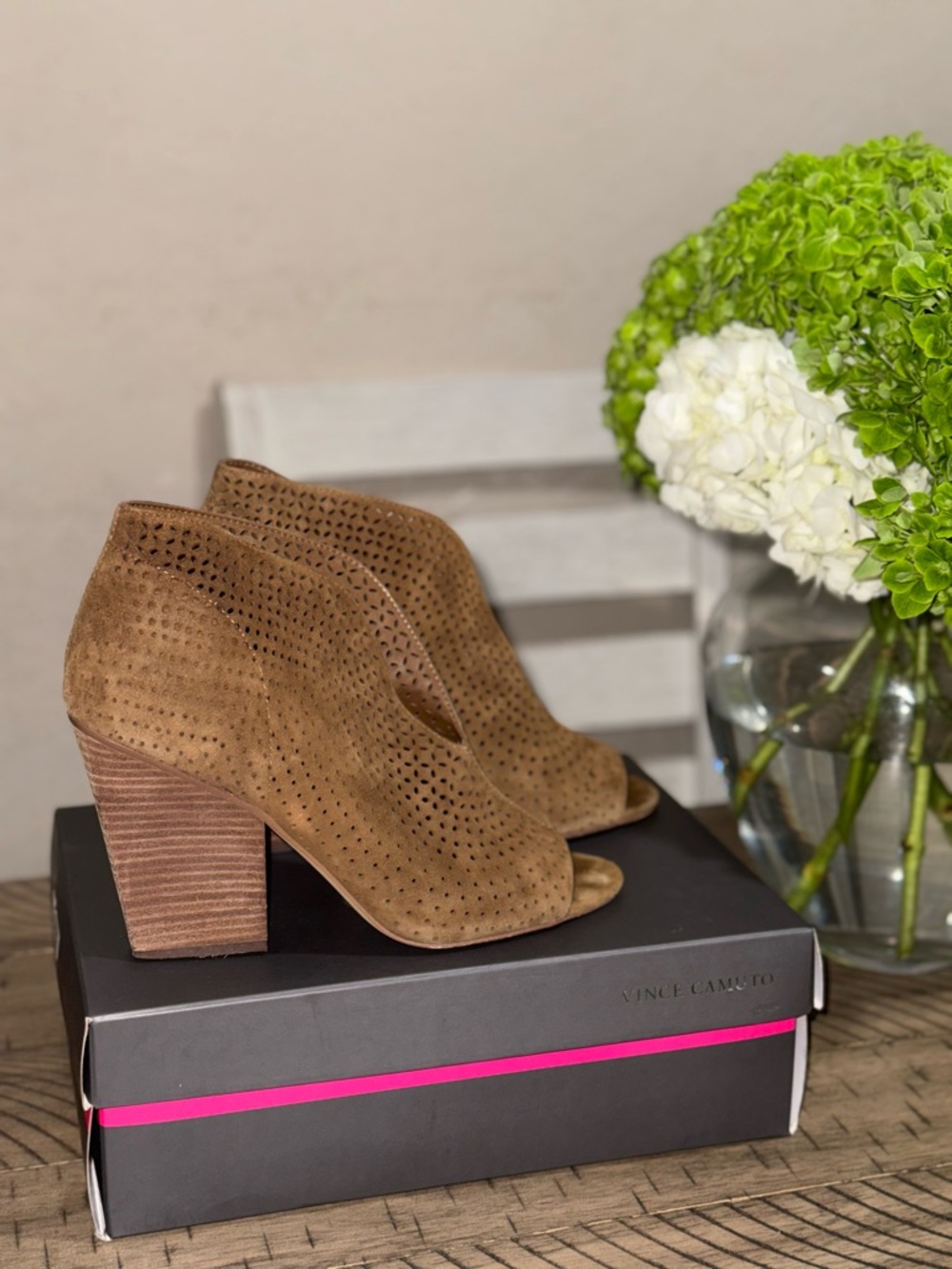Vince Camuto Tan Perforated Suede Peep-Toe Block Heel Booties